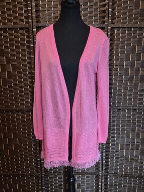 Talbots Pink Open-Front Fringe-Hem Cardigan